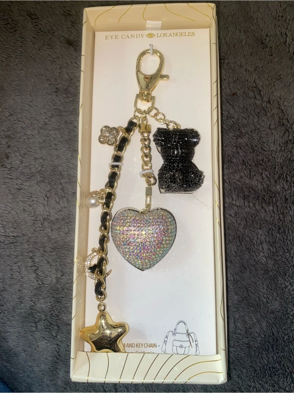 EYECANDY Black & Iridescent Heart Charm Keychain